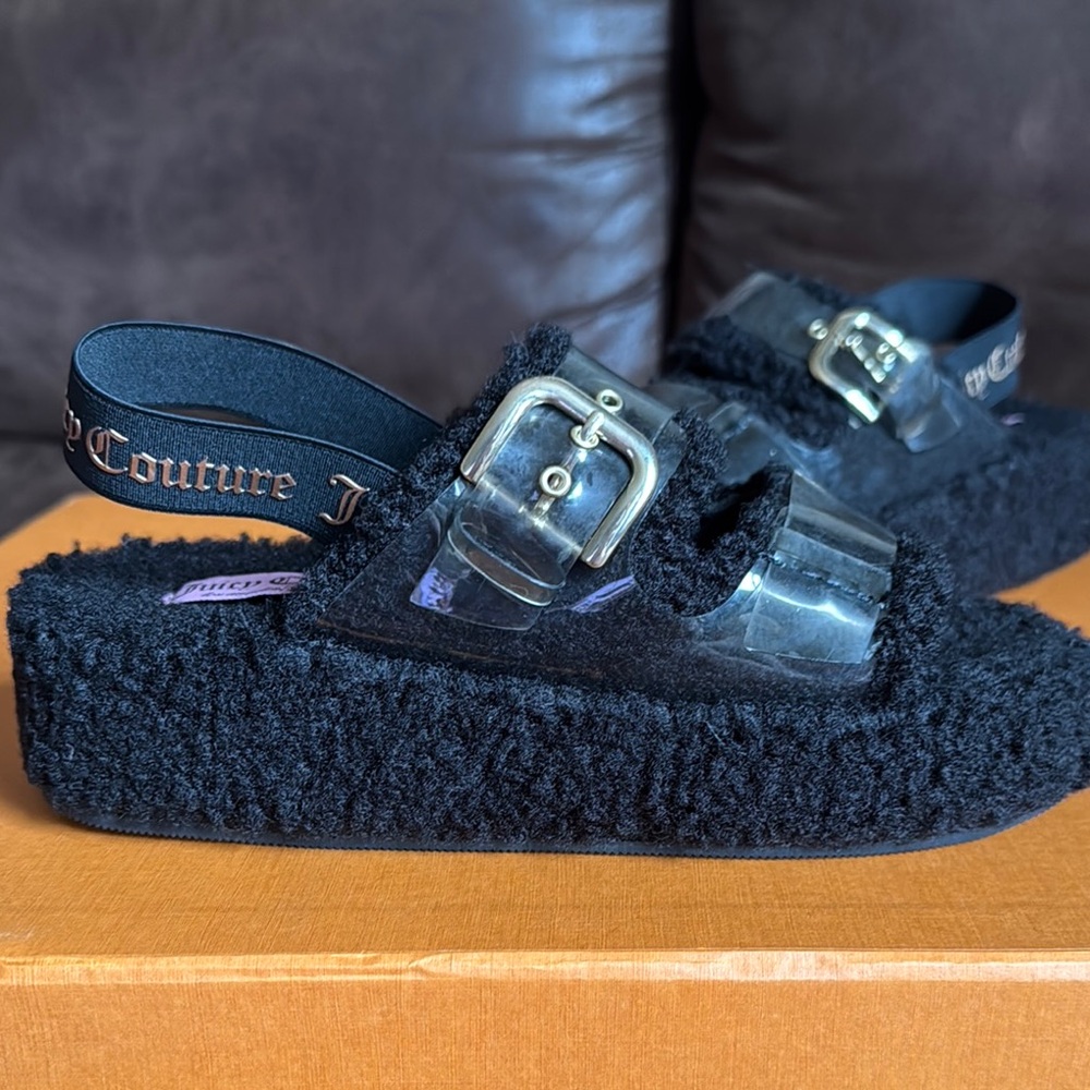 Juicy Couture Black Fuzzy Slides with Clear Buckle Straps